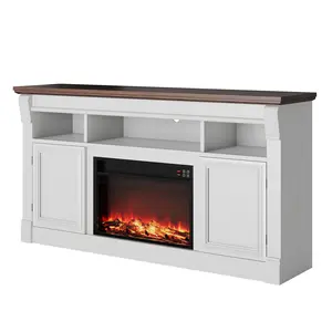 Farmhouse TV Stand with Electric Fireplace, 59" Wooden Entertainment Center Media Console for TVs Up to 75 Inch, Storage Cabinets & Open Shelves for Living Room Home