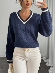 Women's V-Neck Sweater in a Preppy Cable Knit, Relaxed Fit Long Sleeve Pull On Top with Contrast Trim for Casual Work and Fall Layering, Denim