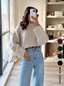 Women's Crew Neck Long Sleeve Pullover Sweater, Autumn/Winter Casual Loose Fit Solid Color Drop Shoulder Simple Fashion Cozy Soft Warm Cute Stylish Knit Top, Women Fall Outfit, Winter Sweater Top for Women, Cute Knitwear