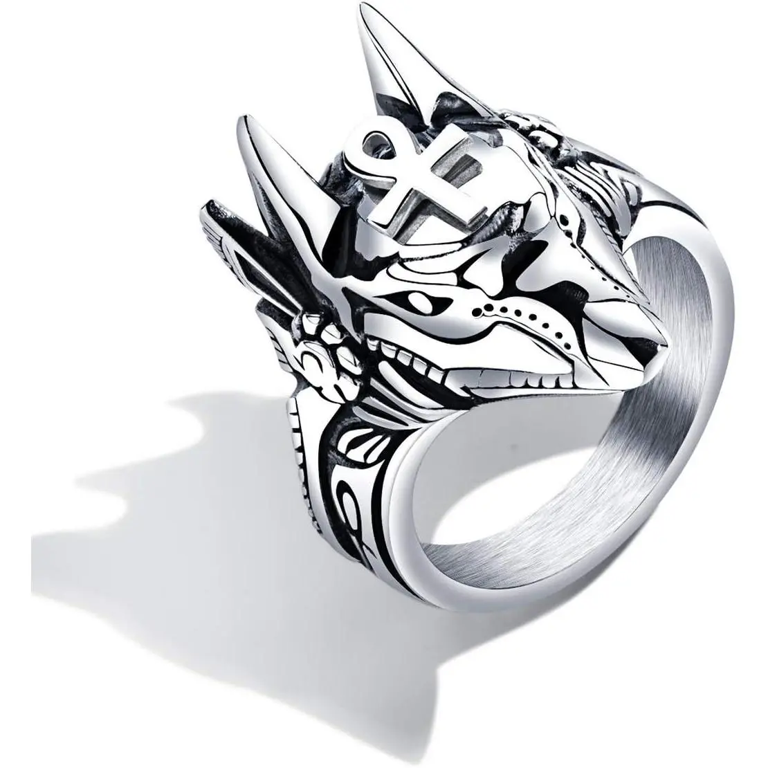 Men's Stainless Steel Egyptian God Anubis Ring Vintage  Ankh Cross Ring Jewelry