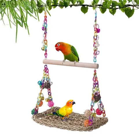 Natural Seagrass-Woven 2-in-1 Bird Swing-Perch Toy, 1pc Chewable Design with Rattan Balls-Bells for Small/Medium Birds, Supports Balance Skills, Play & Rest Needs