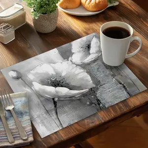 360 stand Rectangular Industrial Monochrome Floral Motif White Placemat, 14x18 in., Easy Clean Tableware for Home Decor Use (CPPM1418H415E9)