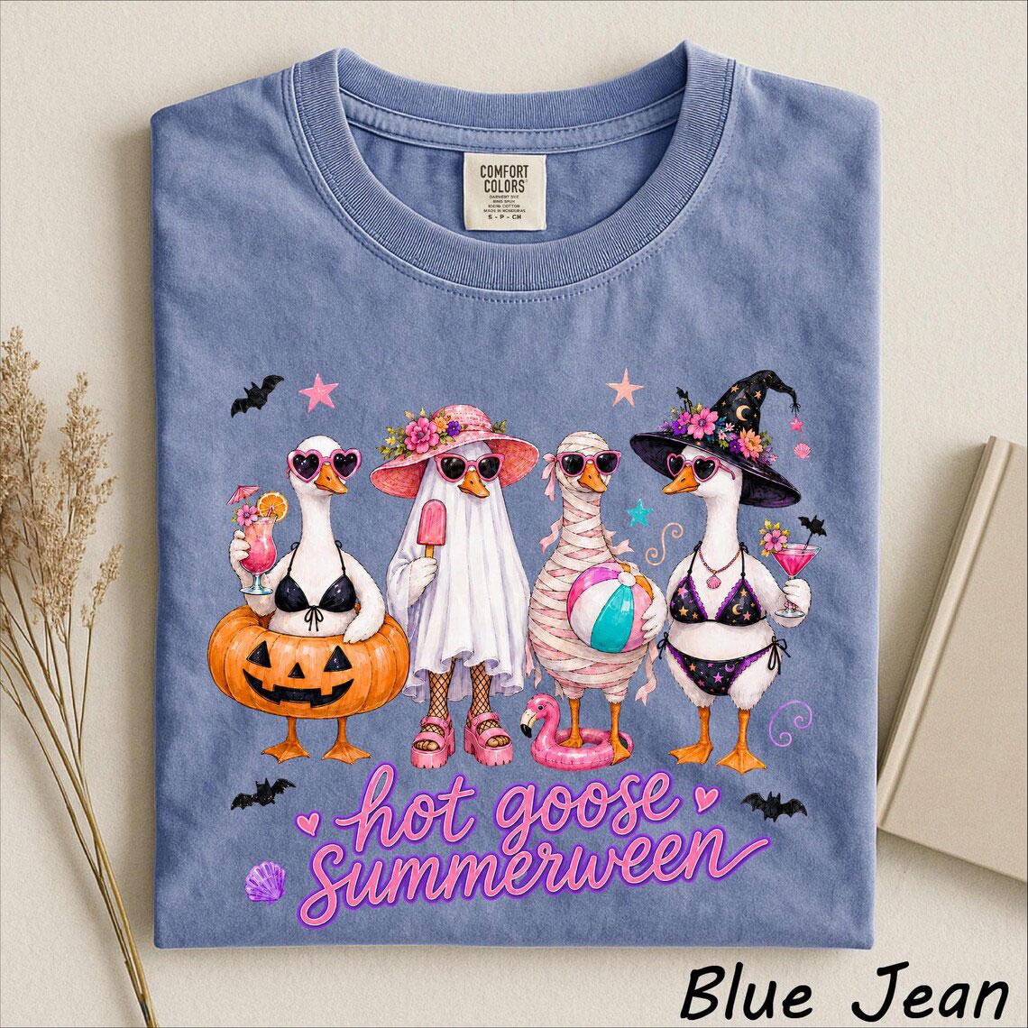 Hot Goose Summerween Comfort Colors Shirt, Funny Halloween Goose Graphic Tee, Ghost Mummy Witch Goose T-Shirt, Beach Pumpkin Float Summer Tee