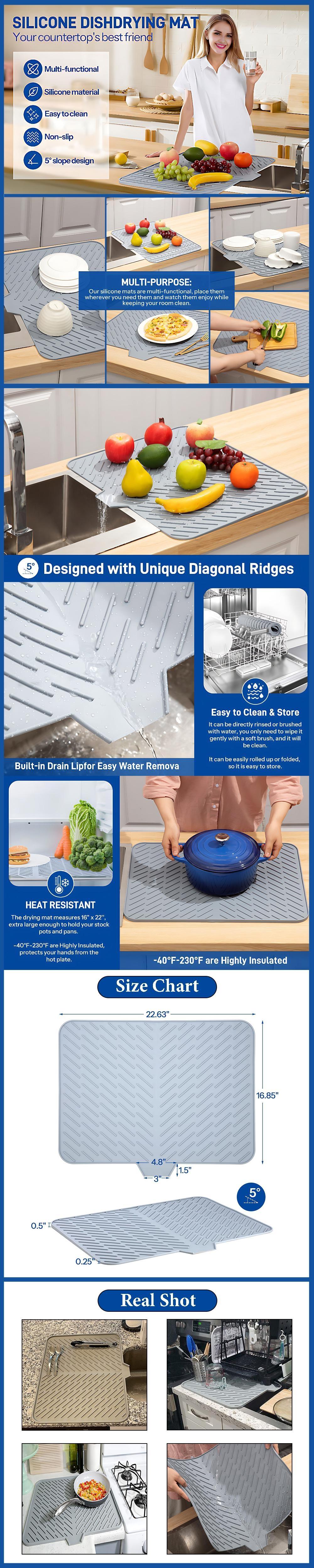 Silicone Large Size Dish Drying Mat with Built-in Drain Lip Dish Drainer Mats for Kitchen Counter Easy-Clean High Temperature Resistance Coasters-YY