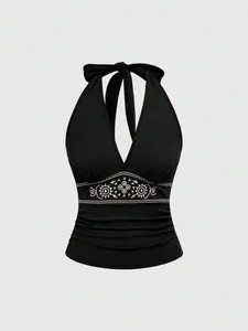 Women’s Boho Cowgirl Halter Tank Top Floral Embroidery Tie Strap Bow Sexy Low Cut Summer Vacation Festival Top, western festival outfit women, sexy halter top women