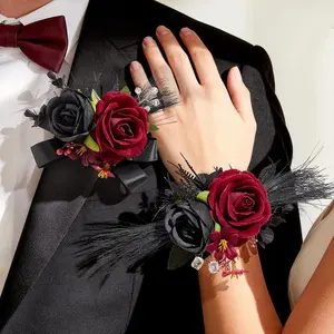 Rose Burgundy Corsage and Boutonniere Set for Wedding Prom(Set of 2),Artificial Flower Wrist Corsage Bracelets for Women Homecoming,Boutonniere for Men Suit Decorations Party Anniversary Faylifeway