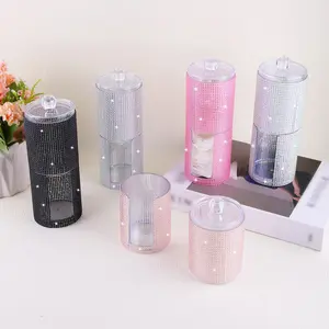 Luxurious Diamond-Encrusted Cotton Swab Storage Box, Dustproof Dual-Layer Organizer with Lid, Bathroom Vanity Shelf Holder