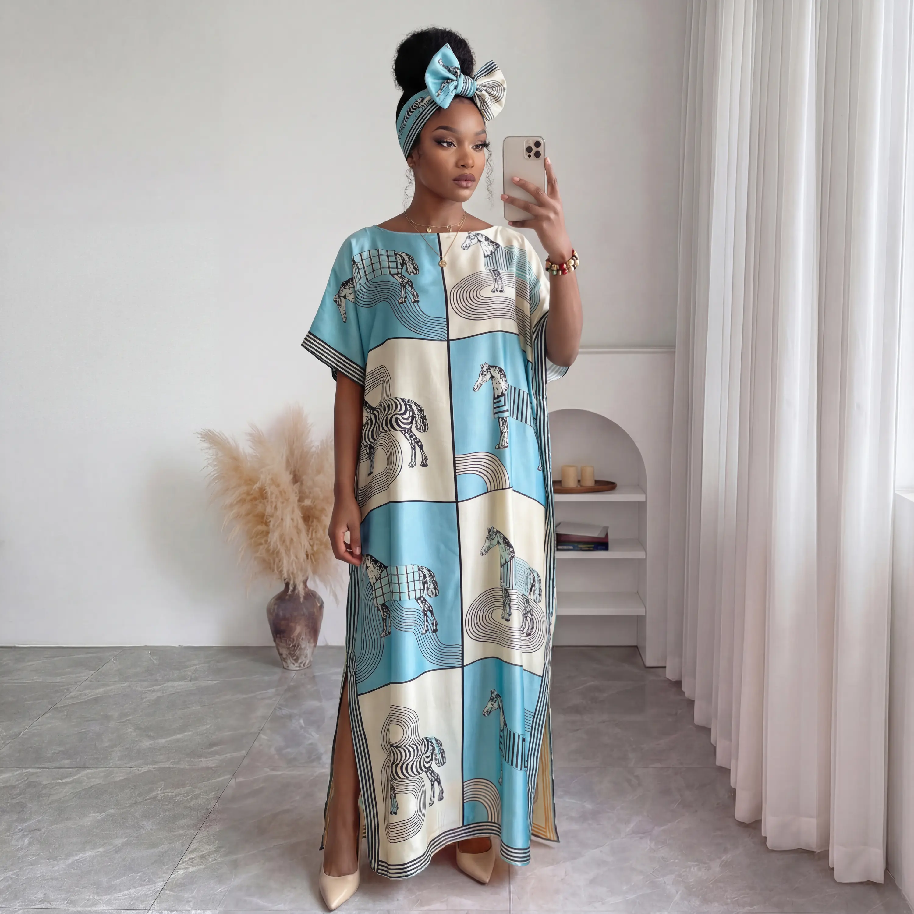 Luxury Horse Print Kaftan Maxi Dress With Headwrap, Women Loose Side Slit Long Caftan, Elegant Satin Beach Coverup Lounge Wear