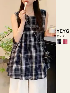 Japanese-Style Retro Plaid Checkered Woven Fabric Round-Neck Shirt Blouses for Women - Loose, Slim-Fitting, Sleeveless Casual Versatile Summer Top