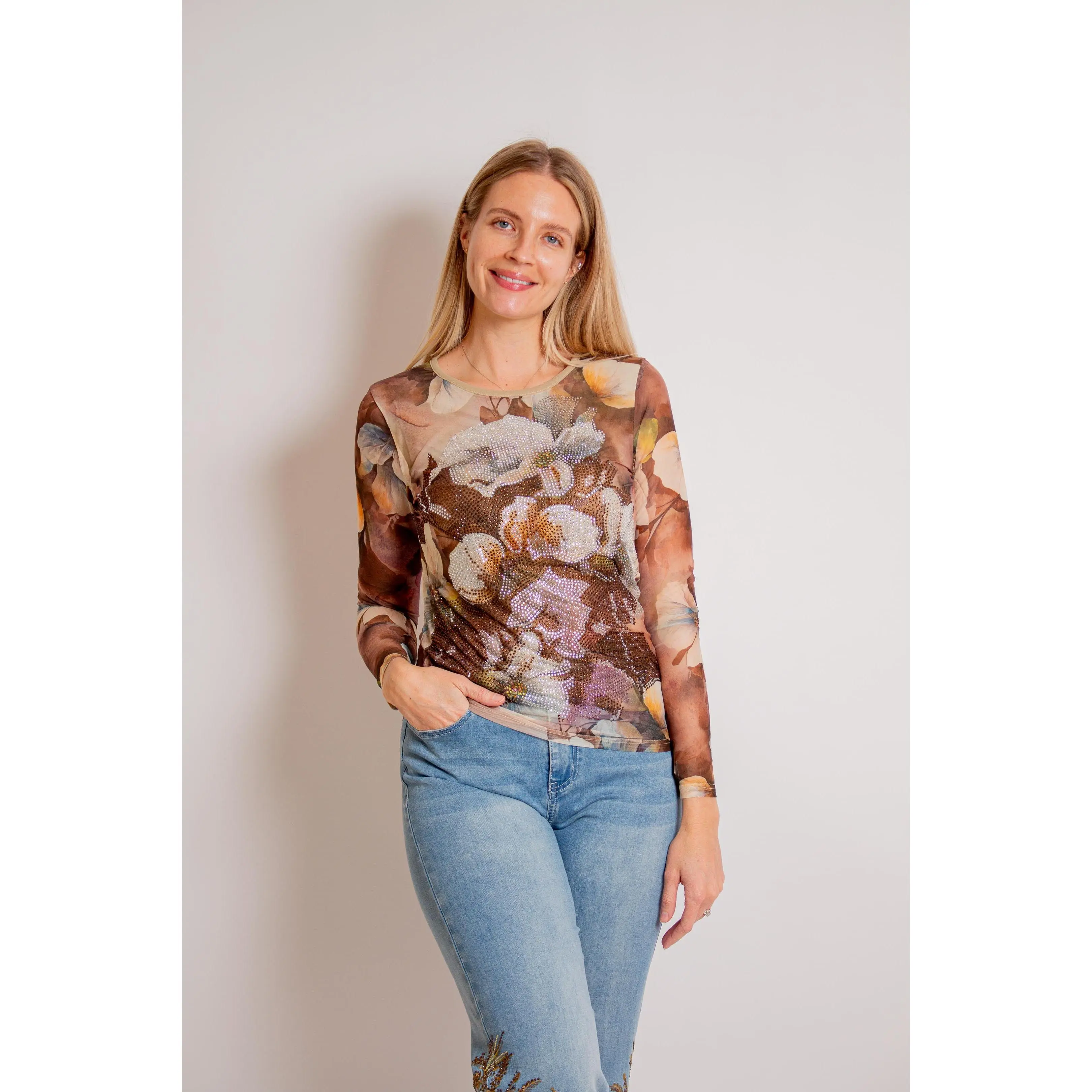 "Malibu" Brown Floral Rhinestone Top