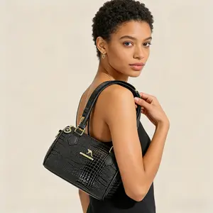 Textured Croc Pattern Black Barrel Purse, Glossy Embossed Handbag with Removable Shoulder Strap