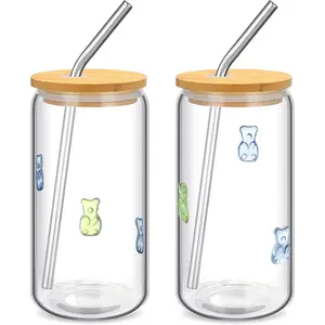 2 count Bear Icon Juice Glass Tumbler with Lid & Straw - 18 oz Candy Bear Drinking Glasses Coffee, , Soda, Juice Cups for Halloween Christmas Party Supplies Gifts