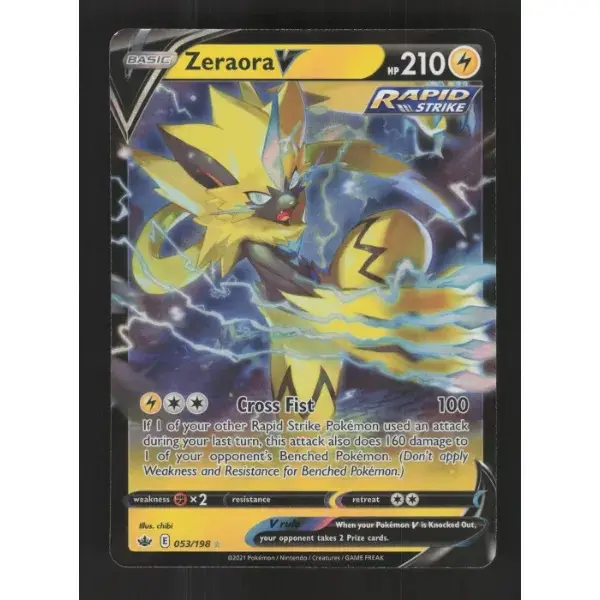 Authentic Pokémon TCG Raw Single Card - Zeraora V, Chilling Reign V Rare 053/198, Near Mint, English