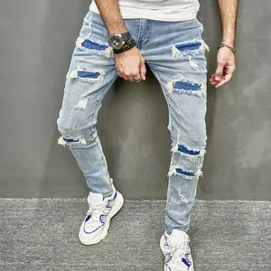 Trendy ripped patch jeans for men, slim fit with small feet, tight pants, casual and comfortable streetwear