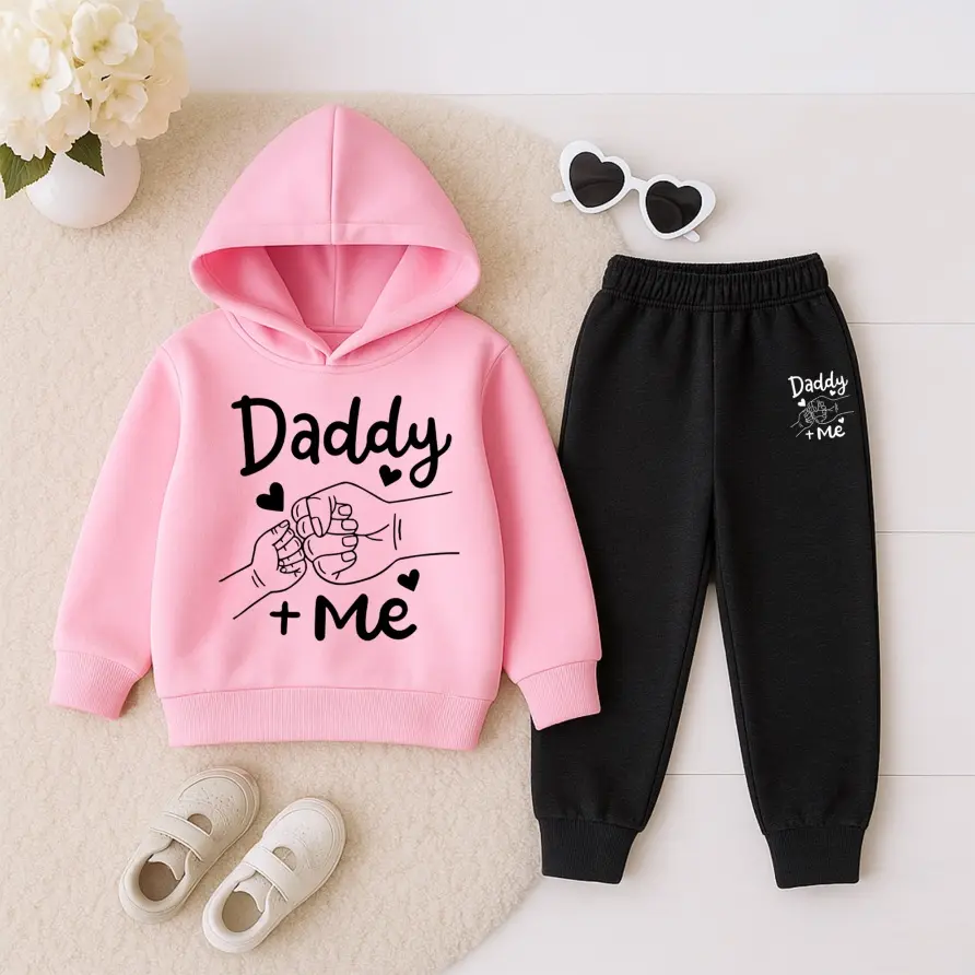 Girls' 2-Piece Fitted Daddy Coordinated Set - Fleece-Lined Hooded Tracksuit with Hoodie & Sweatpants, Autumn Winter Sports & Casual Kids' Clothing