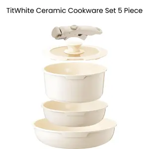 White Ceramic Cookware Set 5 Piece, Nonstick Pots and Pans with Detachable Handle, Induction RV Kitchen, Mother Birthday Gift
