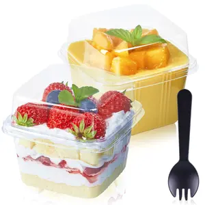 50Ct 8 oz Square Plastic Dessert Cups with Lids and Sporks, Clear Plastic Yogurt Parfait Cups Cake Cups for Mousse, Fruit, Banana Pudding Cups