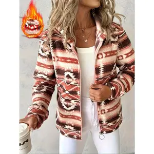 Women's Winter Oversized Casual Plush Hoodie Jacket, Geometric Print Zipper Up, Warm Fleece Lined Coat for Cold Weather