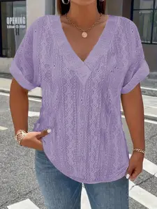 Elegant V-Neck Embroidered Hollow Out Short Sleeve T-Shirt, Loose Fit Casual Top for Women, Large Size Pure Color Tee
