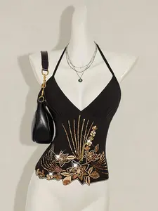 Boho Style Gold Sequins Backless Top, Asymmetric Hem Floral Beaded Embroidery Halter Vest, Sexy Women's Summer Fashion