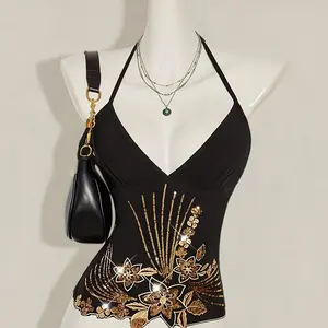 Boho Style Gold Sequins Backless Top, Asymmetric Hem Floral Beaded Embroidery Halter Vest, Sexy Women's Summer Fashion