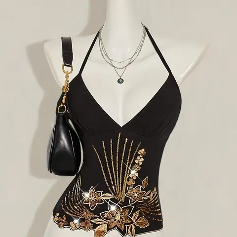 Boho Style Gold Sequins Backless Top, Asymmetric Hem Floral Beaded Embroidery Halter Vest, Sexy Women's Summer Fashion, Dance Tops Clothing