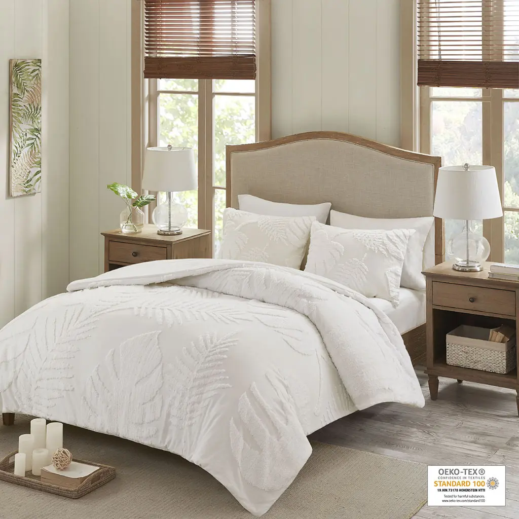 100% Cotton Chenille Tufted 3-Piece Bedding Set - Full/Queen, King/Cal King Sizes, 2 Matching Shams, Machine Washable, Tropical Palm Leaf Coastal Charm Bedroom Decor Comforter Set