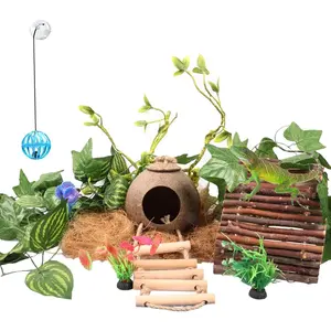 Crested Gecko Tank Accessories,Reptile Vines Plants with Coconut Shell Ladder Hideout Hermit Crab Decor for Bearded Dragon Lizard Chameleon Tortoise SnakeJungle Climber Bearded Dragon Tank Accessory