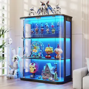 MIIFUNY Rounded Display Cabinet with Glass Door, 3-Tier Curio Cabinet with 3 Color Lights for Collectibles, Glass Display Case with Transparent Full-Display Surface, Human Body Sensor, Black