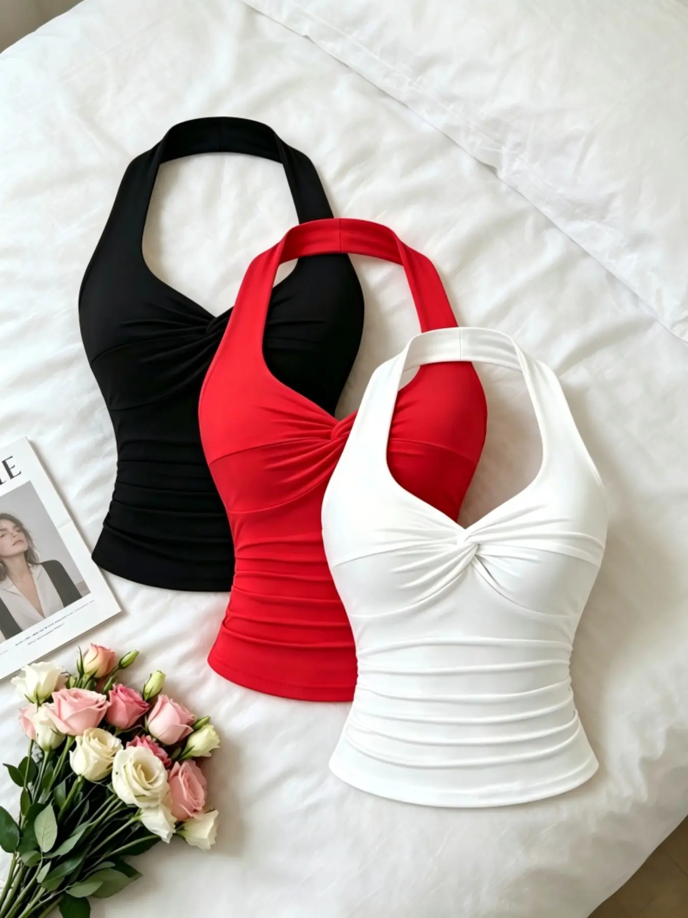 Pure Desire Style Halter Neck V-Neck Strap Top, Bodycon Camisole, Camisole Tops, Front Knot Design, Summer Basic Slimming Outerwear Innerwear Set of Three Pieces