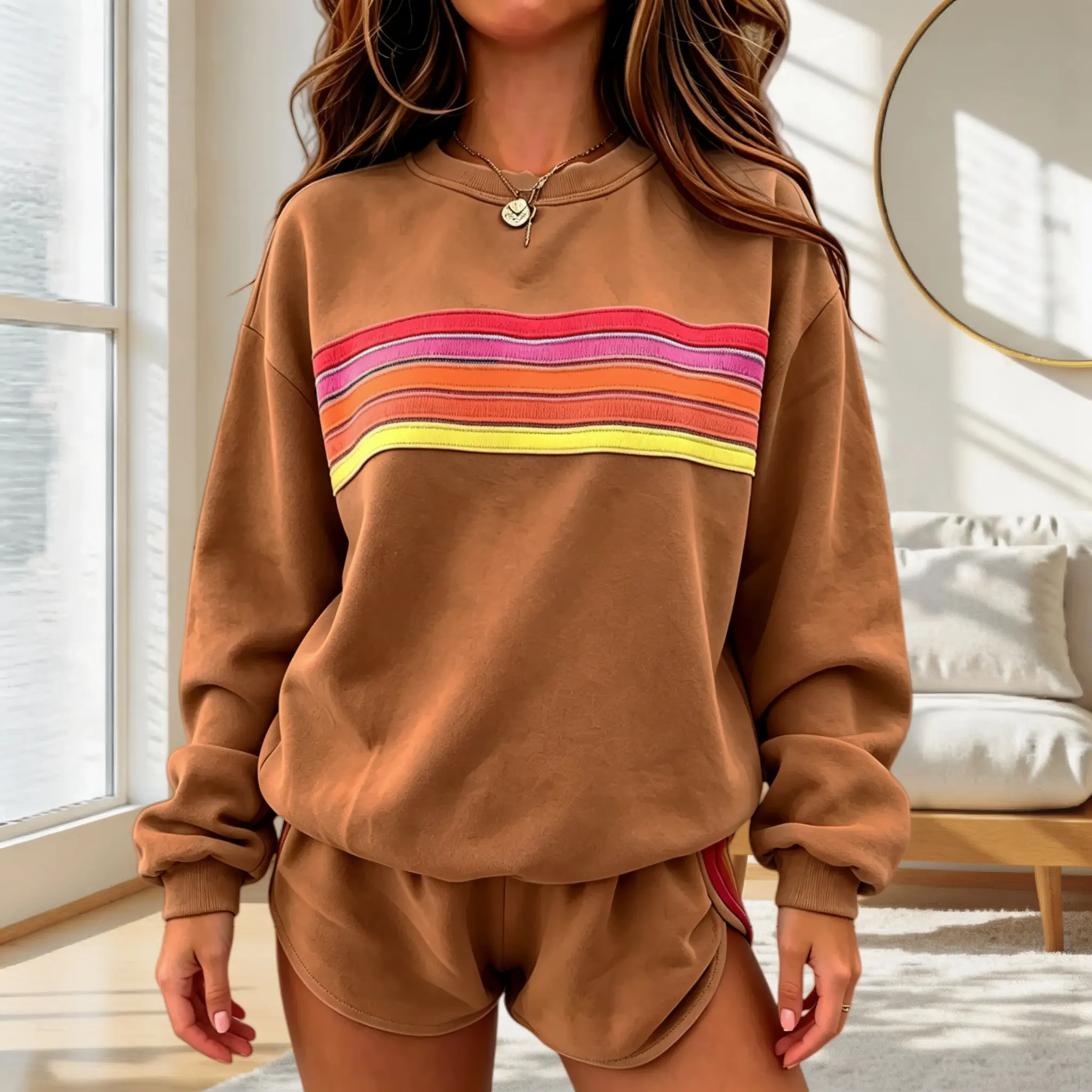 Women's Stretchy Oversize Soft Cotton 2-Piece Retro Rainbow Stripe Outfit - Long Sleeve Crewneck Sweatshirt & Elastic Shorts Matching Casual Loungewear Tracksuit