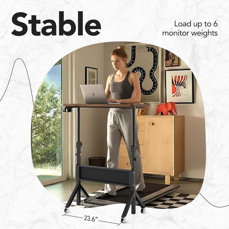 Adjustable Rolling Desk: Height adjusts from 28.7" to 46.1", perfect for use with a walking pad or treadmill. The 31.5" x 15.75" tabletop offers ample space, making it a portable, ergonomic workstation.