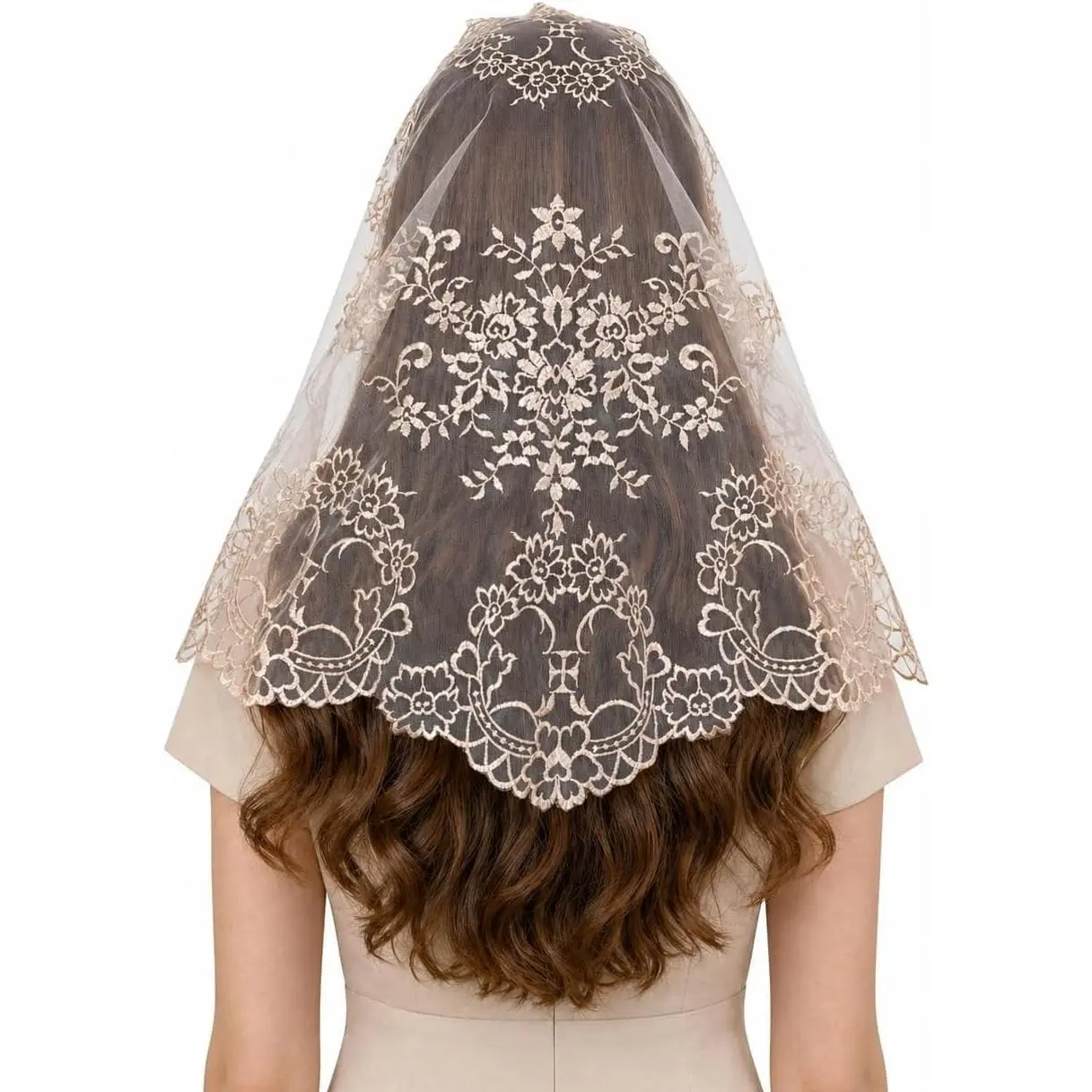 Church Veil Catholic Mass -Our Lady Embroidered Lace Triangle Headscarf Floral Church Veil Latin Mass Scarf