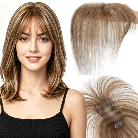 Women's 100% Real Human Hair Toppers with Wispy Front Bangs Extensions, 11in Natural Straight Invisible Hairpieces, 360°Cover Breathable Lace Base (2.76"x4.33"), 3D Clips, Lightweight, 27.94cm, Curl/Dye Ready, Daily Wear
