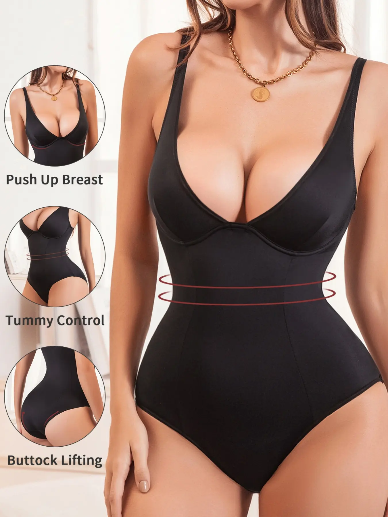 1 piece set, solid color women's shapewear bodysuit, High waisted bodysuit, with underwire and no chest padding, high support, tummy control and hip lift, triangle panty hugging design, crotch snap bodysuit with camisole straps