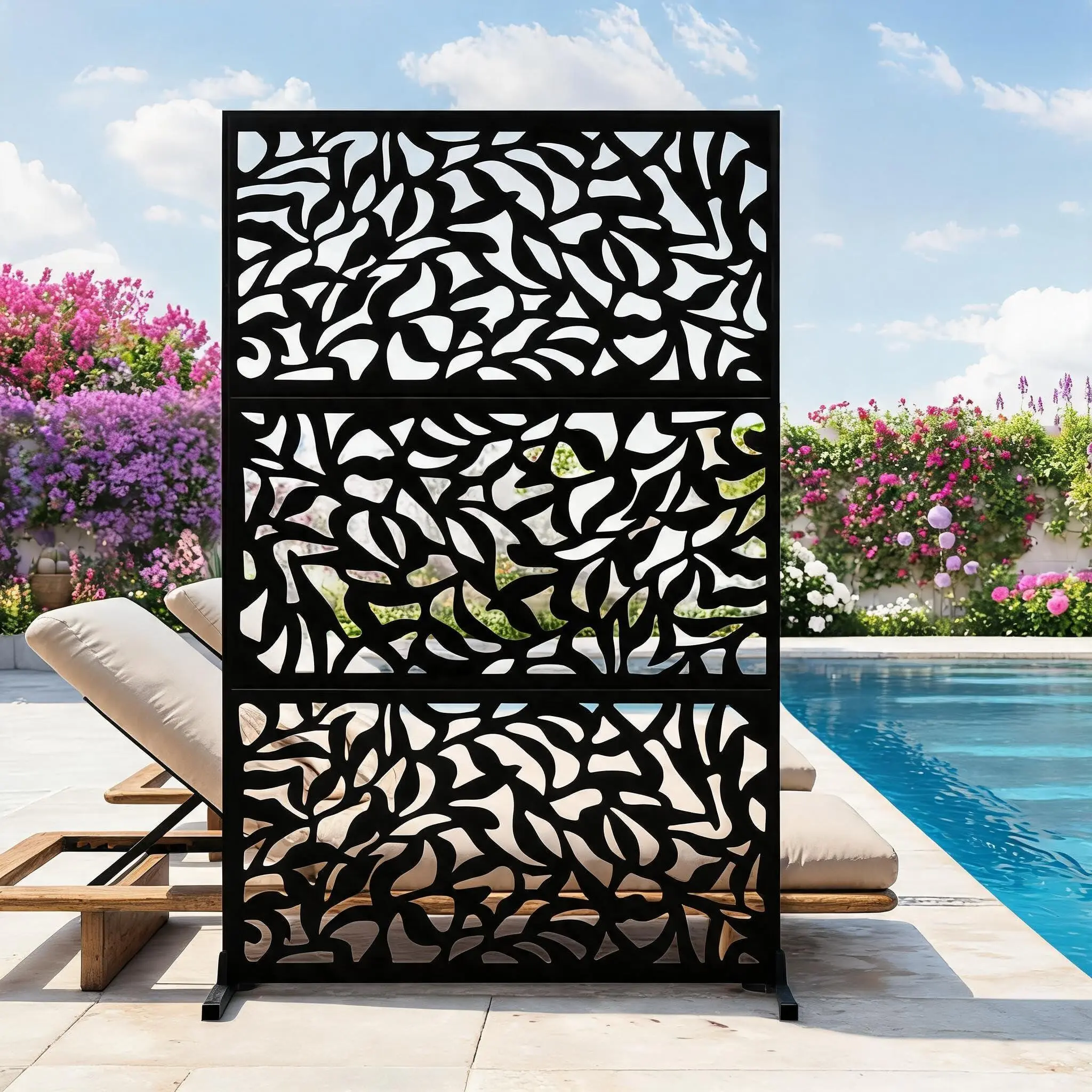 72H x 47W Outdoor Metal Privacy Screen Freestanding Laser Cut Decorative Fence Panel with Stand, Weatherproof Galvanized Steel for Patio Garden Balcony Backyard, Black