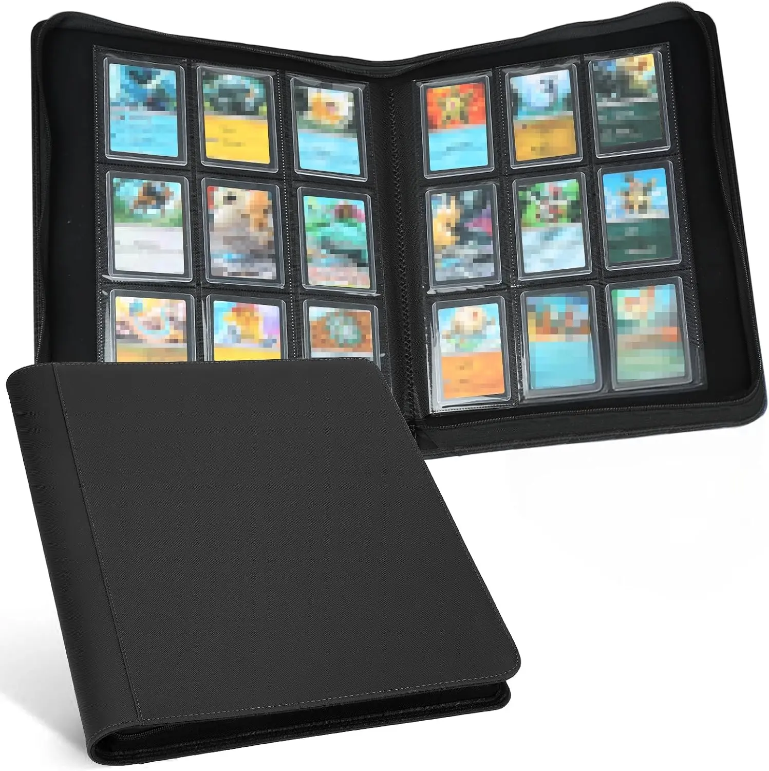 Black Trading Card Toploader Binder with Waterproof Pages, Double-Side Pockets & Toploader Sleeves, 288-Card Capacity Storage for 3x4" Collectibles