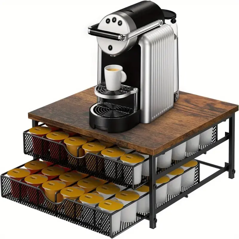 Countertop coffee pod rack, K-cup storage drawer rack, pod storage box for K-cup capsules, coffee station capsule storage with sliding basket, brown