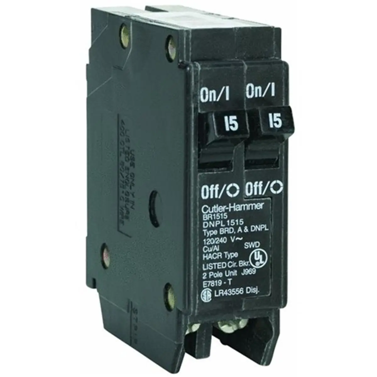 212 MAIN Eaton BR Series 1-Pole Duplex Circuit Breaker, 2x15A, 120 Vac, 10,000 AIC Class CTL, 1" Wide (1/2" Per Pole), Sailing Water Sports