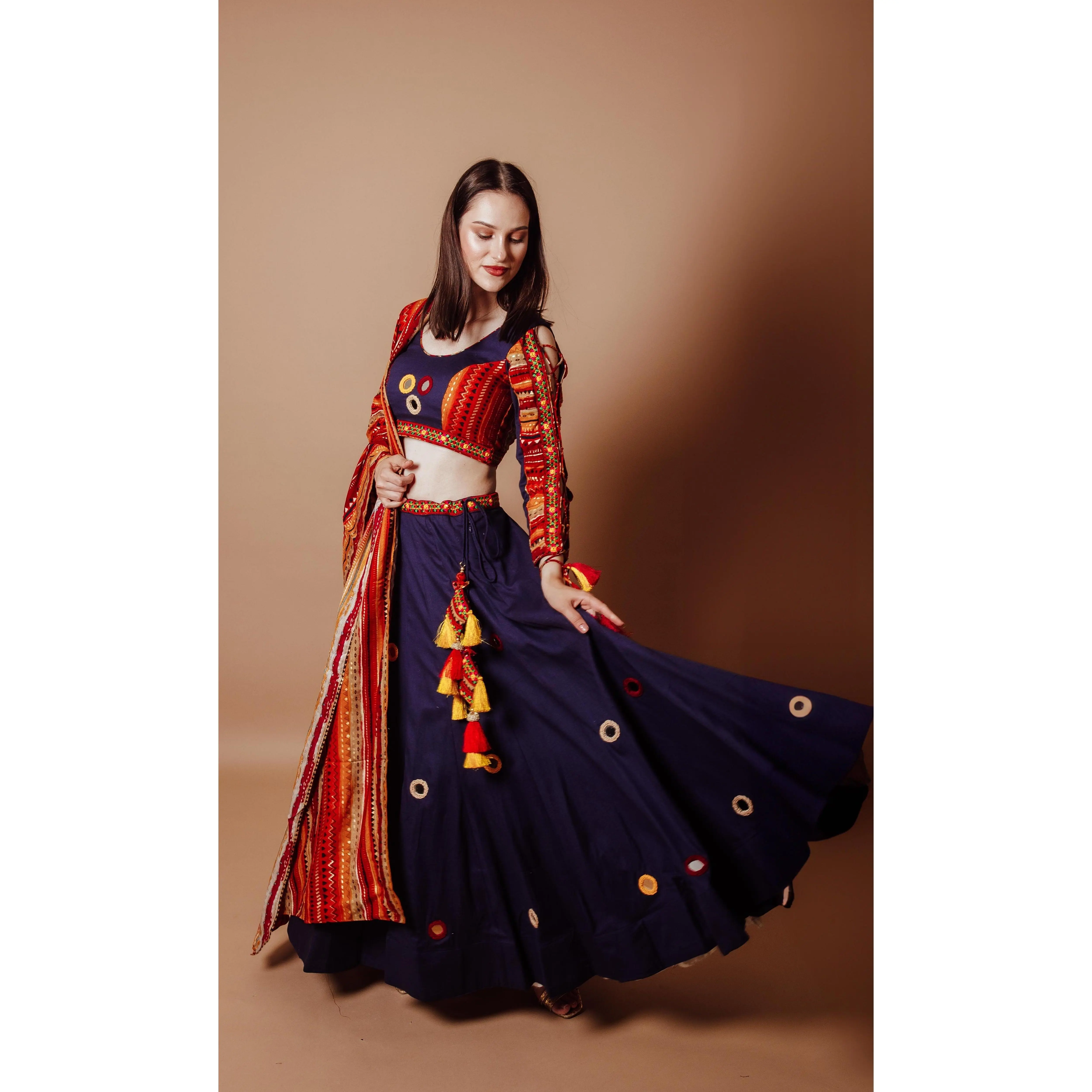 Blue Chaniya choli with Mirror Work and Multi Color Dupatta