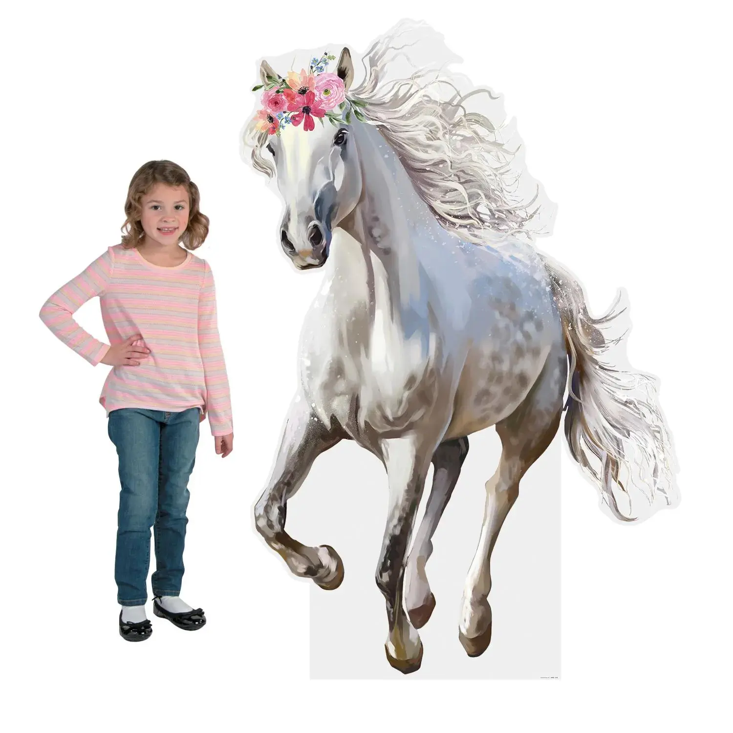 54" White Horse with Floral Crown Cardboard Cutout Stand-Up, Festive Party Decor, Photo Prop, Animal Head/Birthday-Themed/Character Cutouts Photobooth Props, Animal Head Photobooth Props