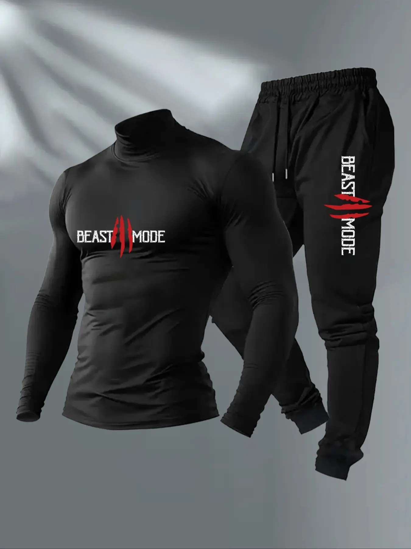 Men's Beast Mode High-Performance Hooded Sports Set, Fitted Long Sleeve Compression Top & Running Pants, Quick-Dry, Fitness, Gym, High Intensity Training, Athletic Workout Clothing, Tracksuit Set
