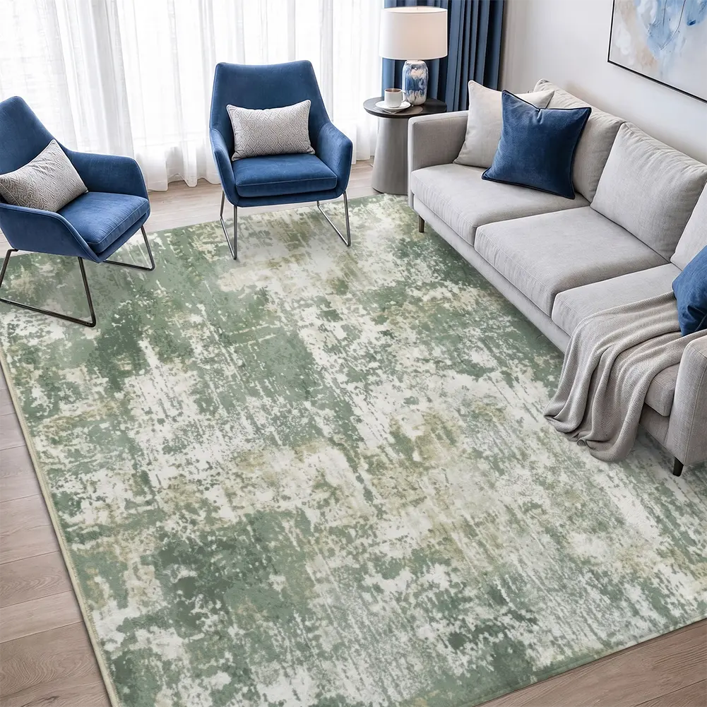 Abstract Sage Green Velvet Area Rug, Soft Impressionist Living Room Carpet, Minimalist Home Decor, Apartment Essentials