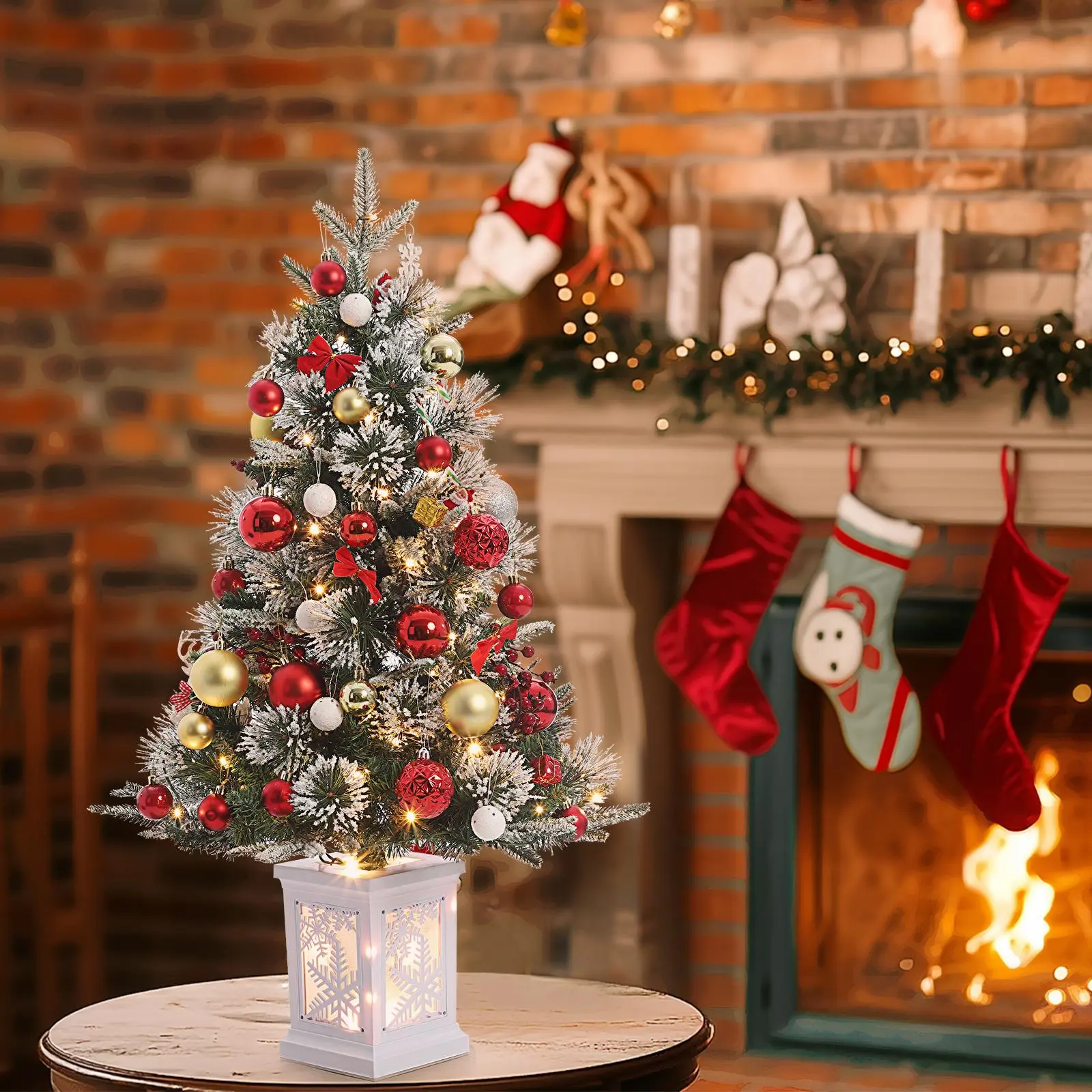 3FT Prelit Premium Snow Flocked Artificial Christmas Tree - Warm White LED Lights, 8-Mode Snowflake White Base, Indoor/Outdoor Pot Decoration, Light-Up Christmas Decor, Miniature Pine Tree (1PC), Miniature Christmas Decor