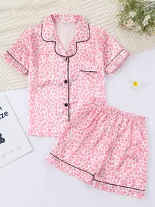 Girl Pink Leopard Pattern Pajama Set Short Sleeve Shorts Set, Suitable as a Gift for Children Fruit Print Pajamas Sleepwear Pajamas
