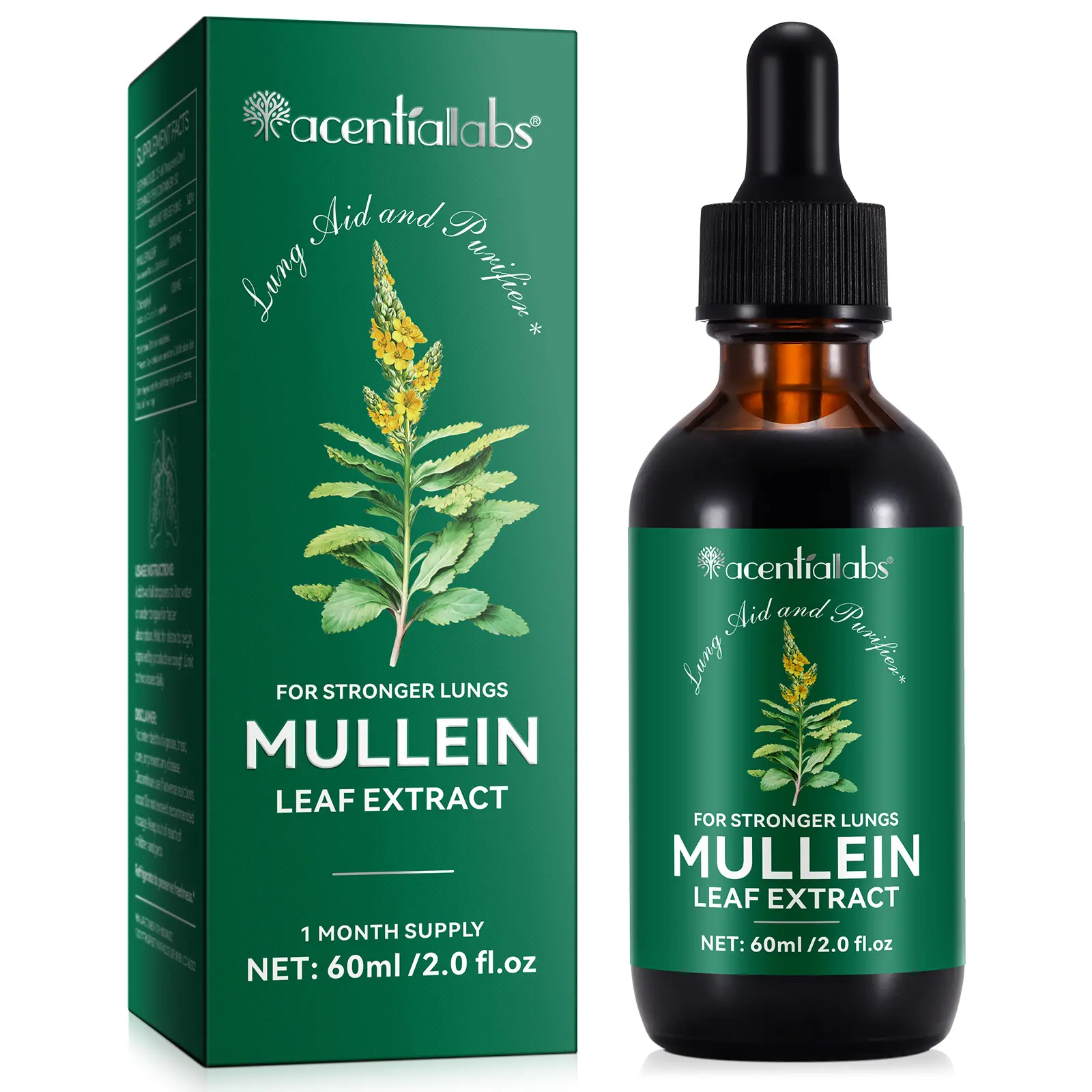 Acentiallabs Organic Vegan Mullein Leaf Liquid Drops - 60ml Natural Herbal Extract, Respiratory Health Supplement, Lung & Bronchial Cleanse, 1-Month US Wellness Supply