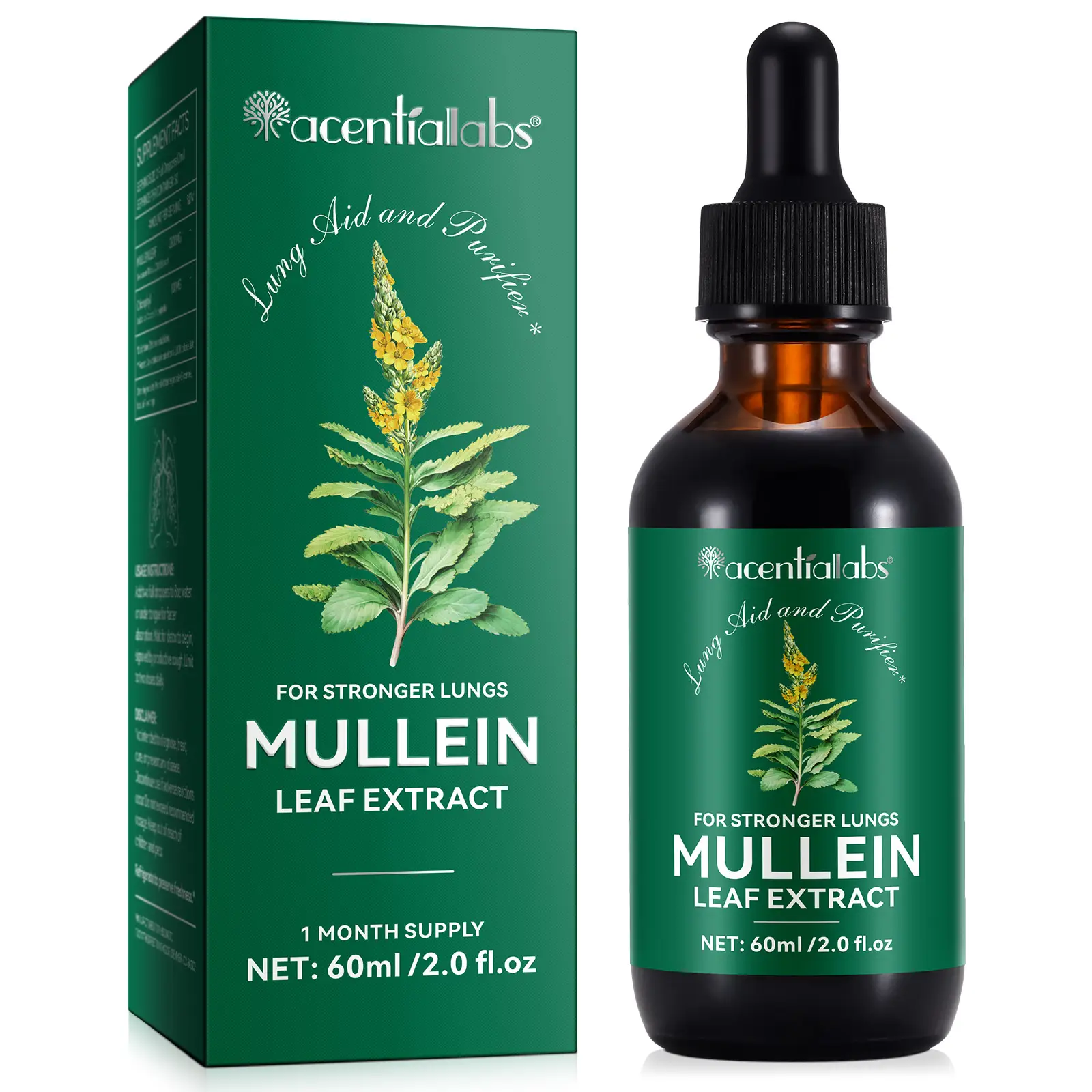 Acentiallabs Organic Mullein Drops for Lungs - 60ml Leaf Extract for Lung & Bronchial Cleanse - 1 Month Supply - Respiratory Health Support - US Liqui