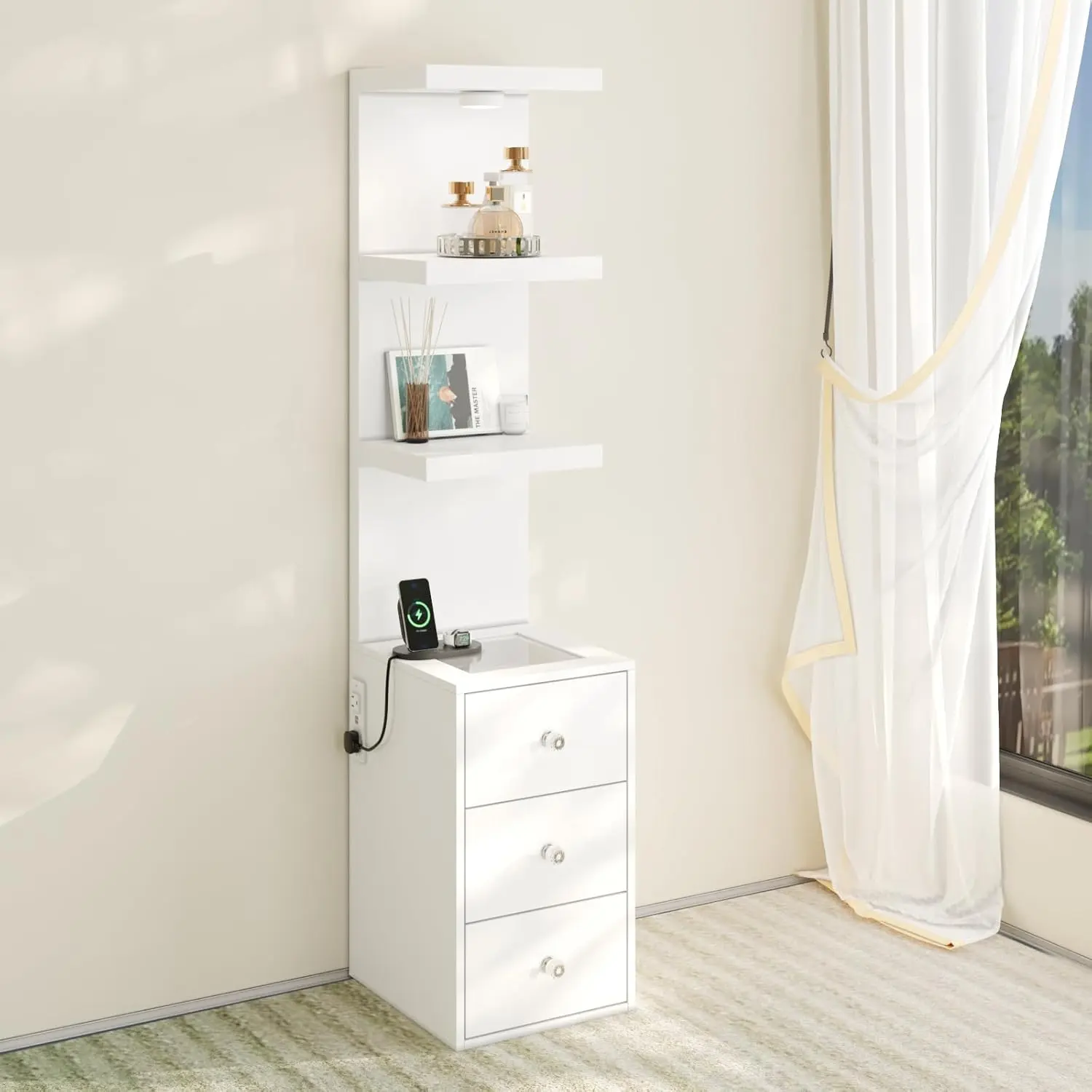 VOWNER 64" Wood 3-Section White Bedroom Storage Cabinet with LED Lights, Remote Control, 3 Lighting Colors, Glass Top Shelves, Drawers, 2 Plug Sockets, Anti-Tip Base, Assembly Guide - Living Room Decor, Adjustable