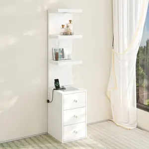 VOWNER Tall Storage Cabinet, 64" Display Shelf with Outlet, Glass Top Shelves with Drawers, LED Light Remote Control 3 Lighting Colors for Living Room Bedroom Vanity (White)