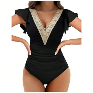 Women's One-Piece Swimsuit, Tummy Control Swimwear, Deep V Lace Neckline, Ruffle Trim, Full Coverage Bathing Suit
